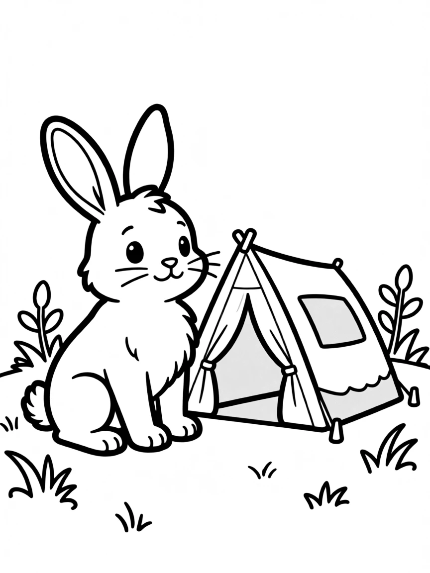 A rabbit camping with a tiny tent