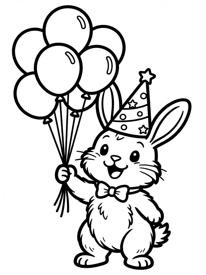 A rabbit with a birthday hat and balloons