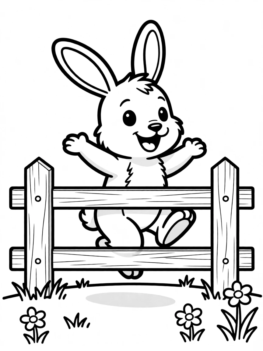 A rabbit jumping over a fence