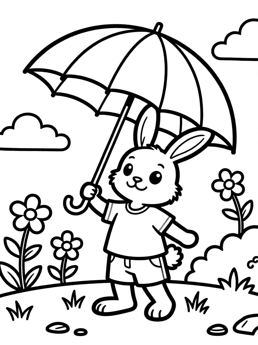A rabbit with a rainbow umbrella