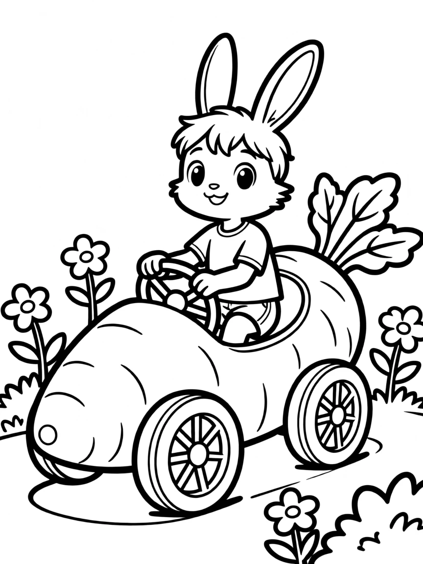 A rabbit driving a carrot-shaped car