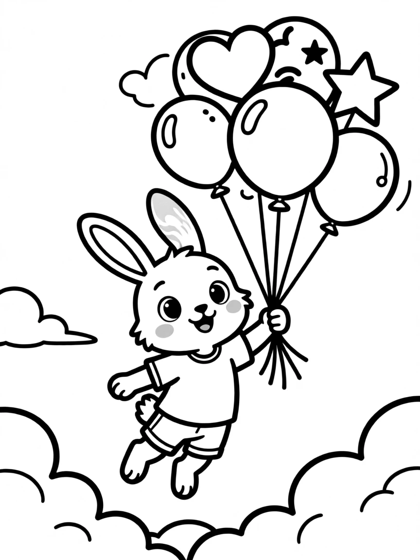 A rabbit flying with balloon bunches