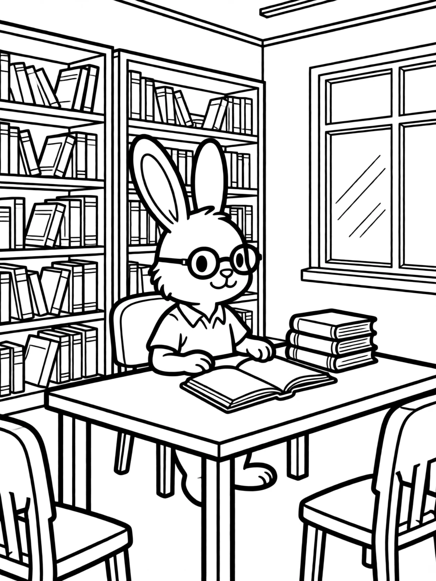 A rabbit in a library with books