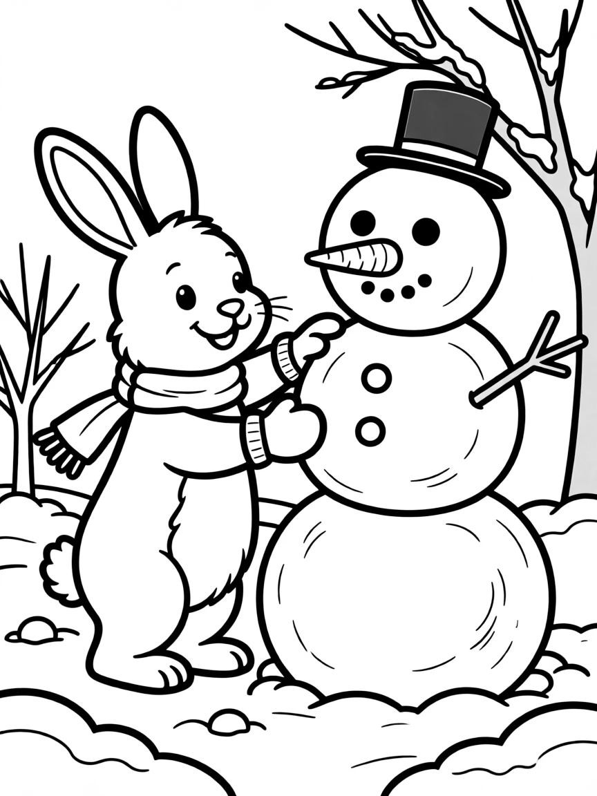 A rabbit building a snowman