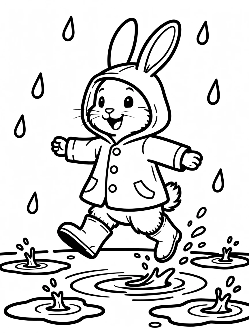 A rabbit in a raincoat splashing in puddles