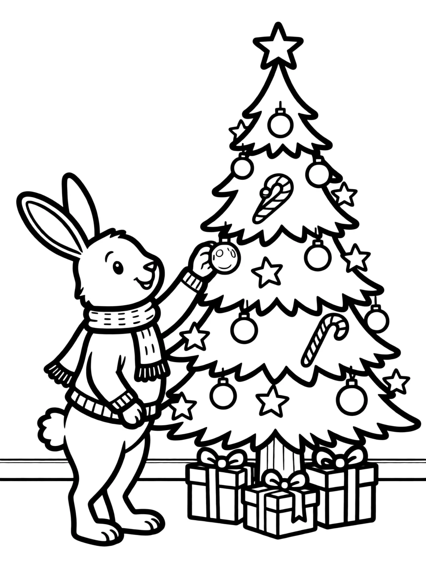 A rabbit decorating a Christmas tree