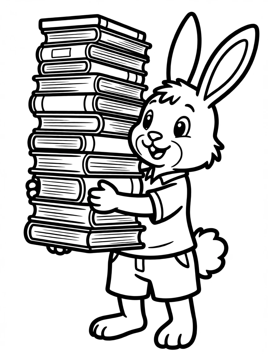 A rabbit carrying a stack of books