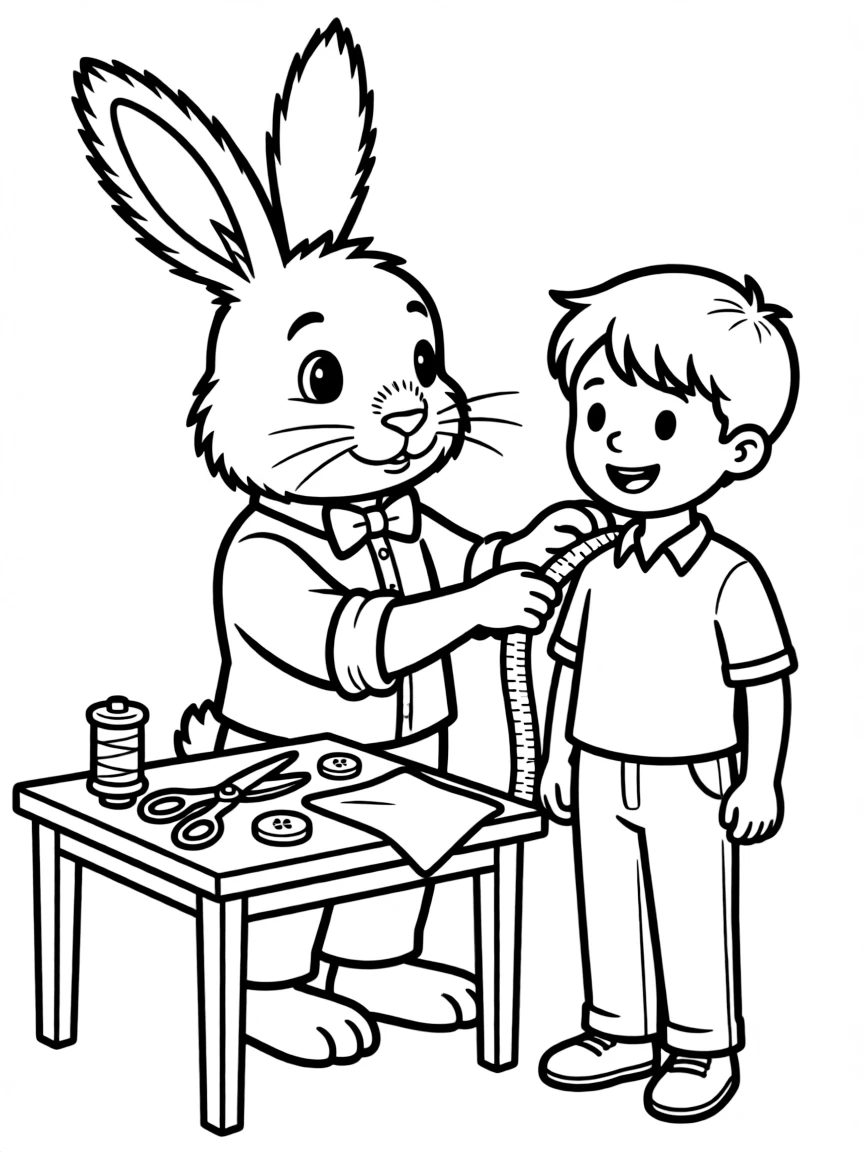 A rabbit tailor measuring for a suit