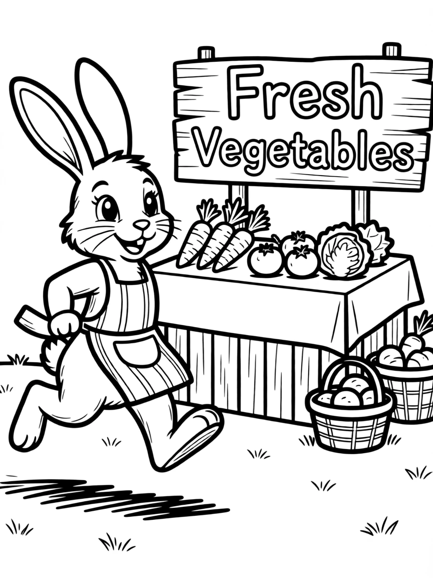 A rabbit running a vegetable stand