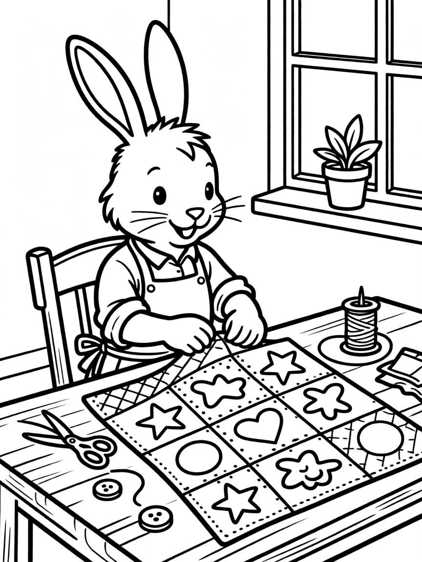 A rabbit making a quilt
