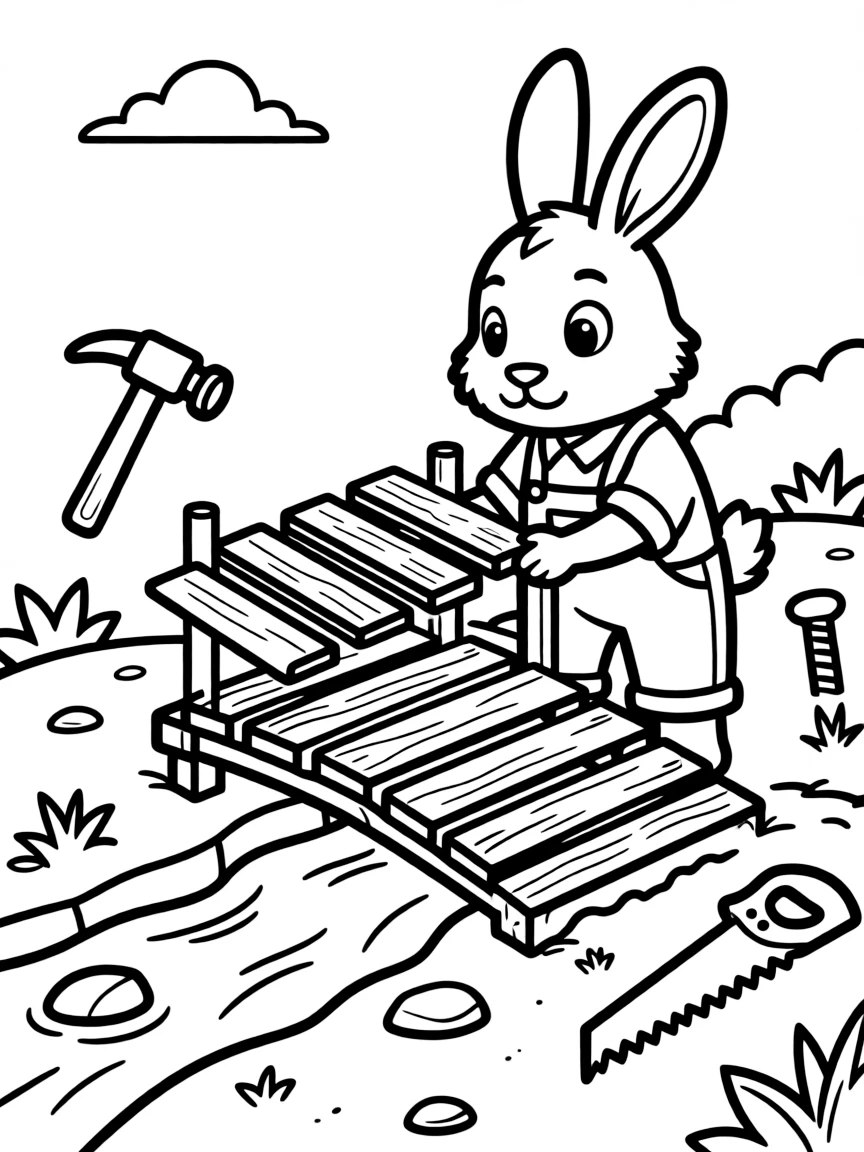 A rabbit building a bridge