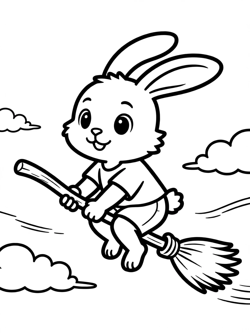 A rabbit flying on a broomstick