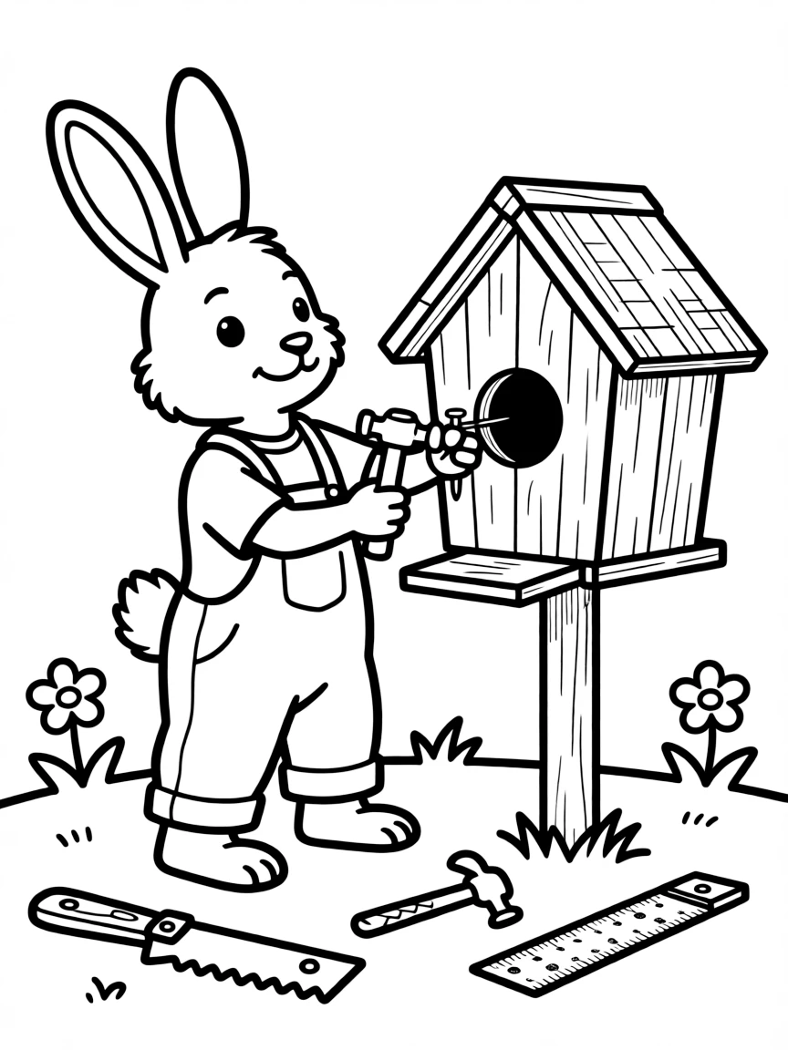A rabbit making a birdhouse