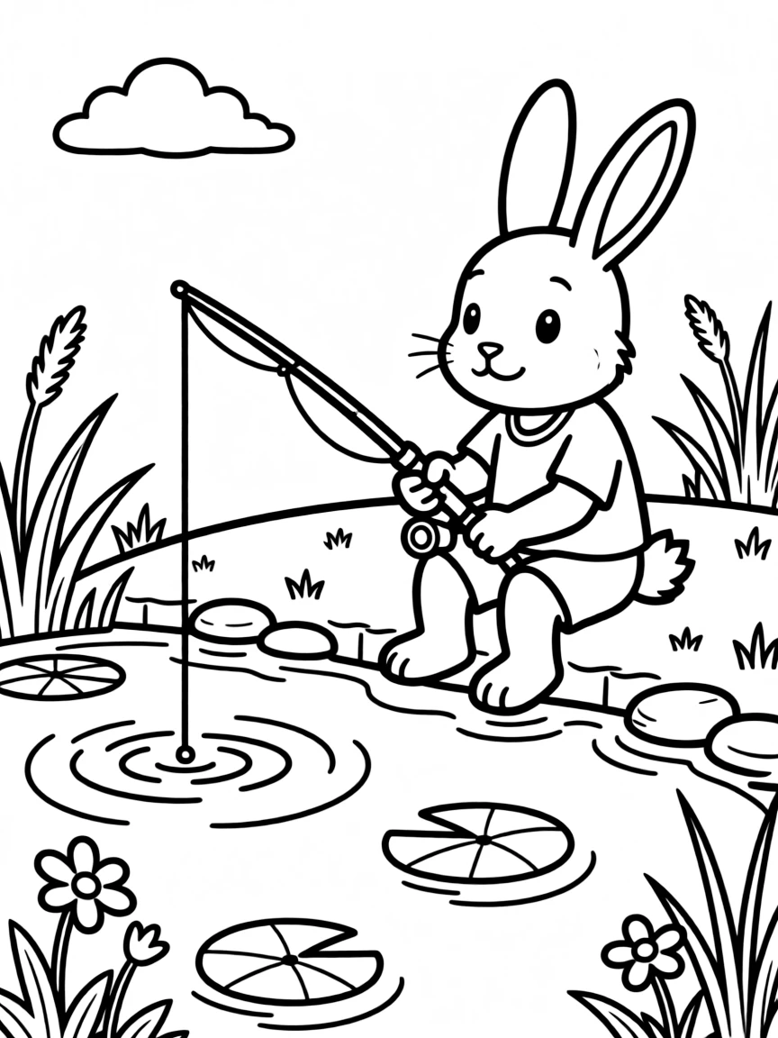 A rabbit fishing in a pond