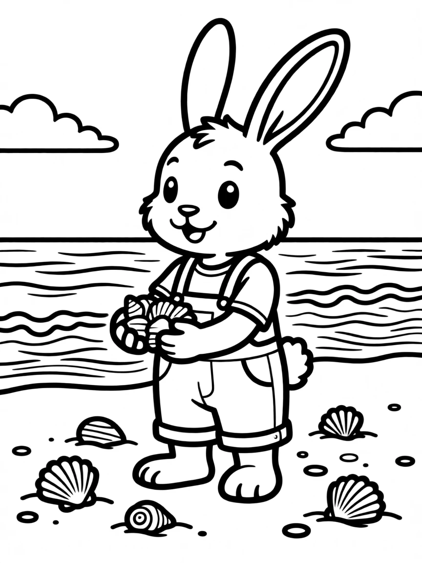 A rabbit collecting seashells