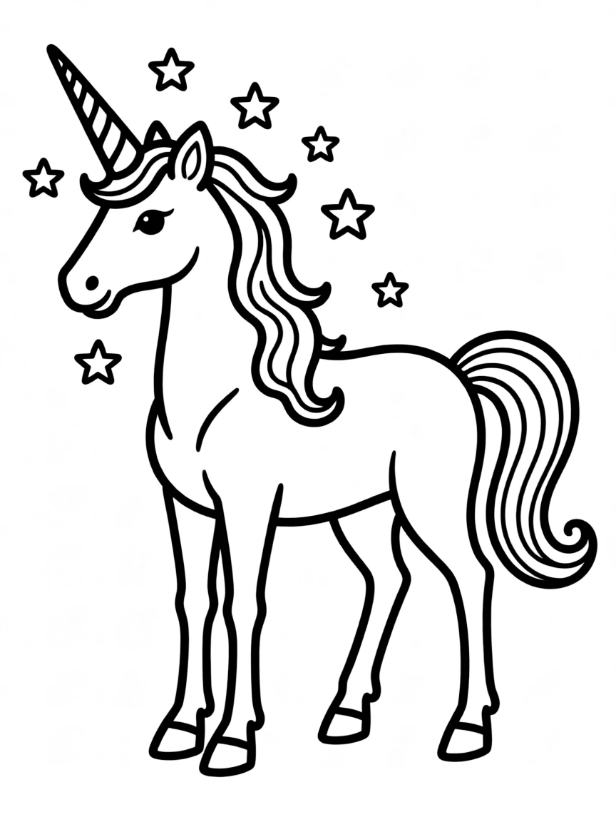 A unicorn-styled horse with a horn and stars
