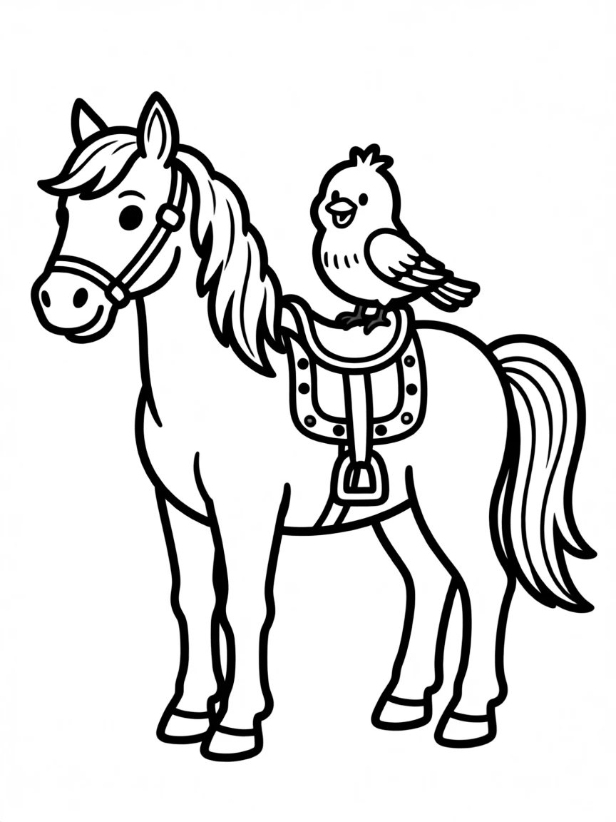 A horse with a bird sitting on its back