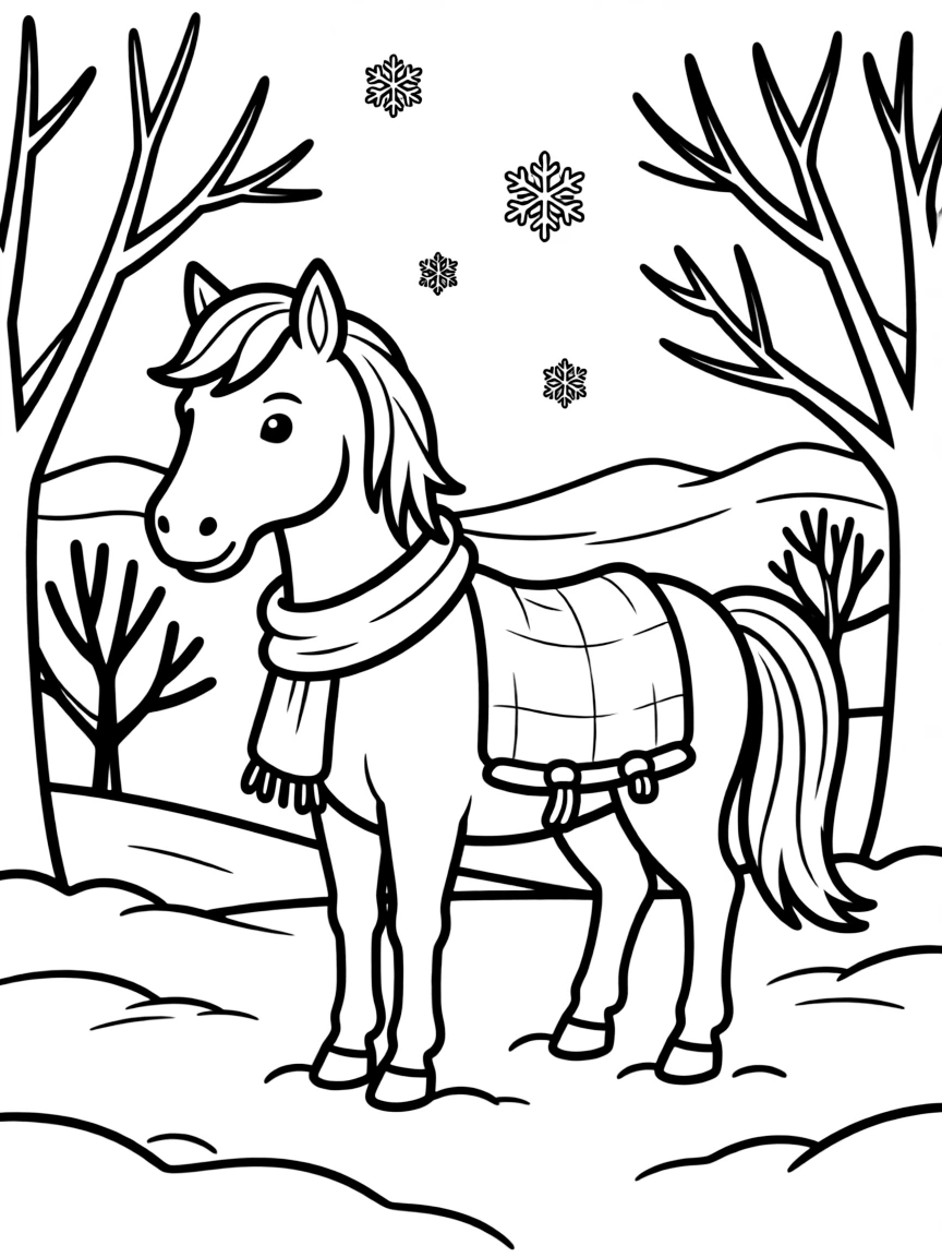 A horse in a snowy winter scene