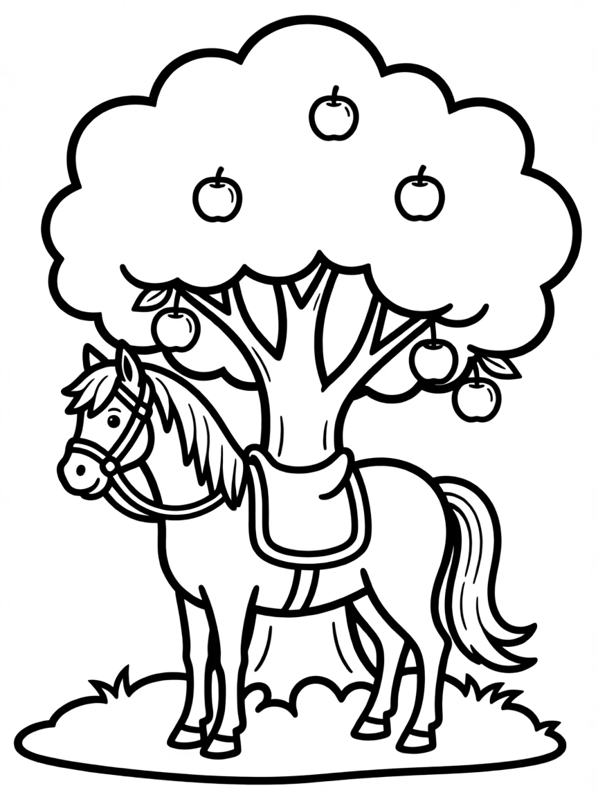 A horse under an apple tree