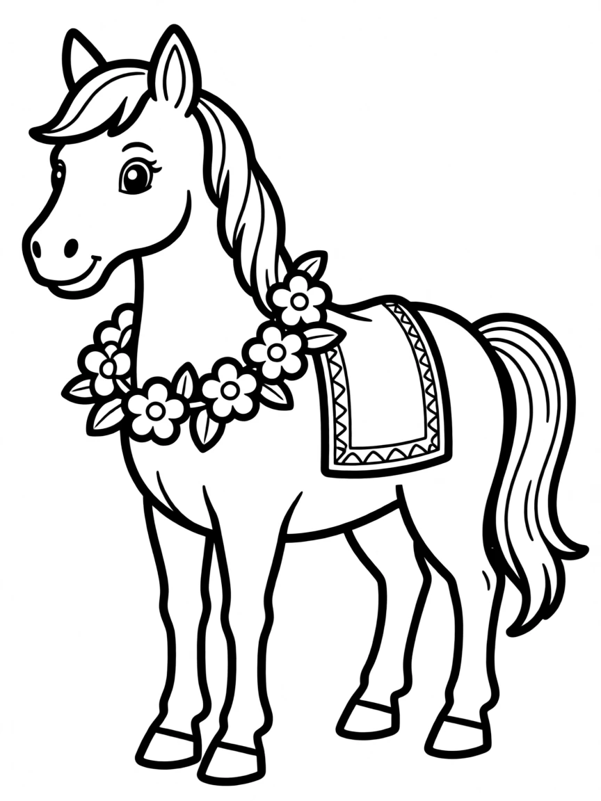 A horse wearing a flower garland