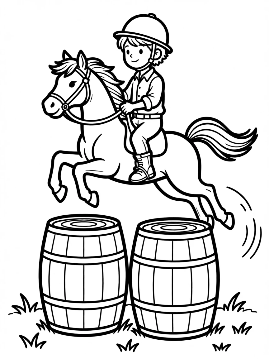 A horse and rider jumping over barrels
