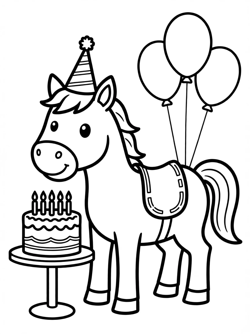 A horse with a birthday hat and cake