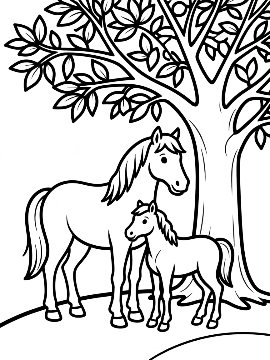 A horse with a foal under a tree