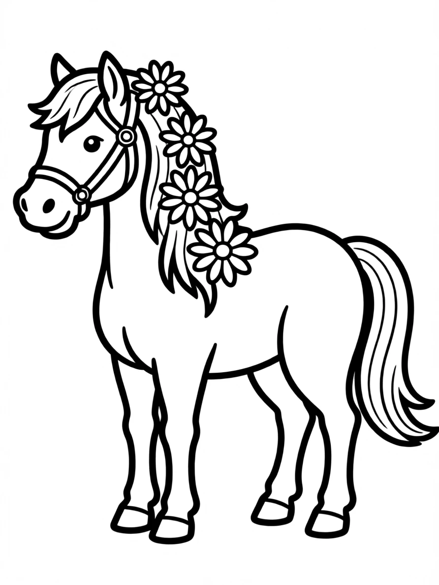 A horse with daisies in its mane