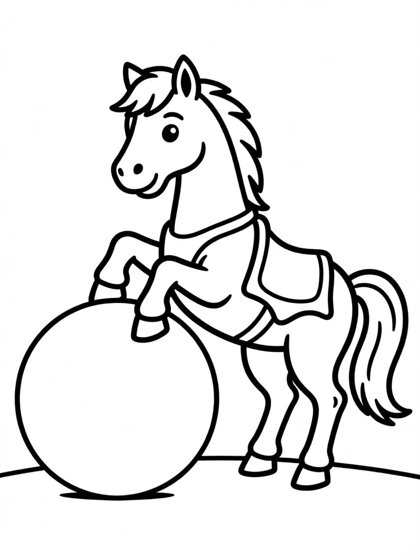 A horse playing with a large ball