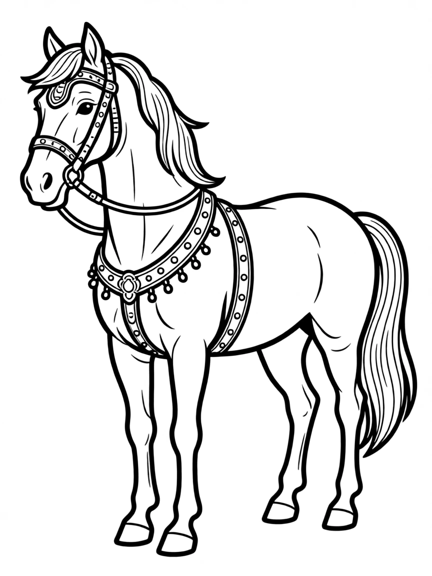A horse with an elaborate show bridle