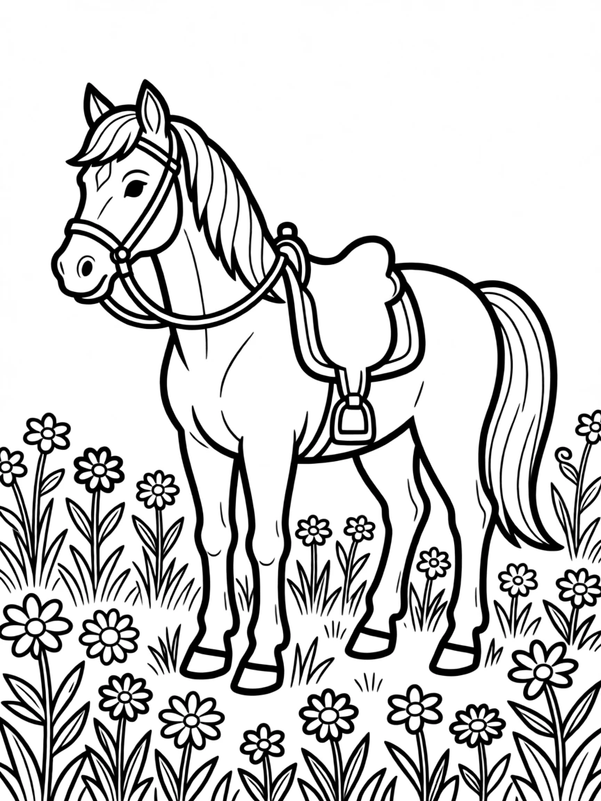 A horse in a meadow of wildflowers