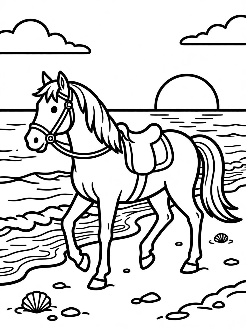 A horse walking on a beach at sunset