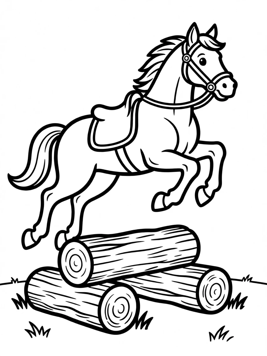 A horse leaping over logs
