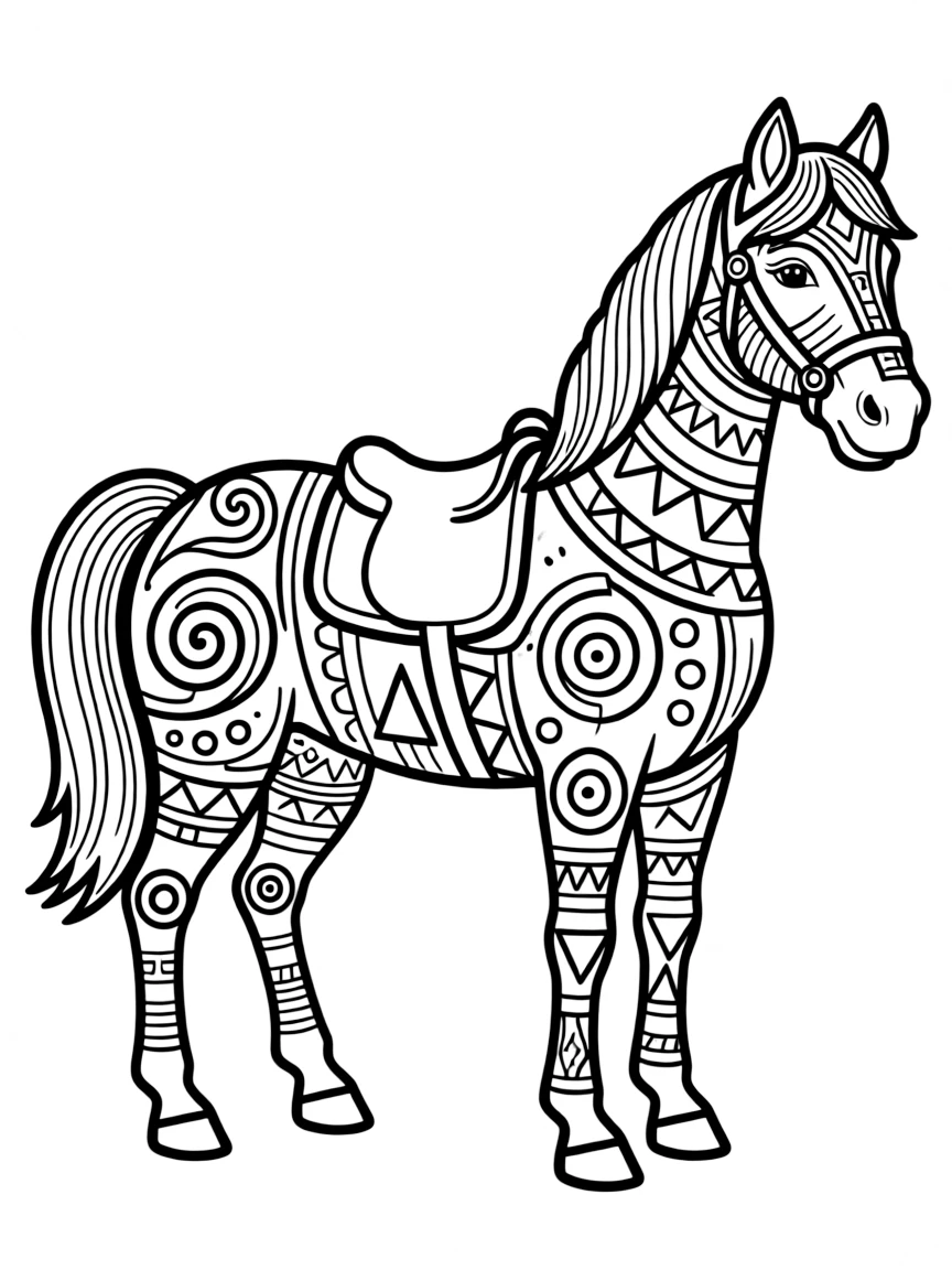 A horse covered in tribal paint
