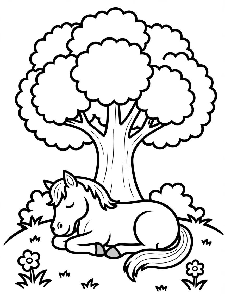A horse napping under a tree