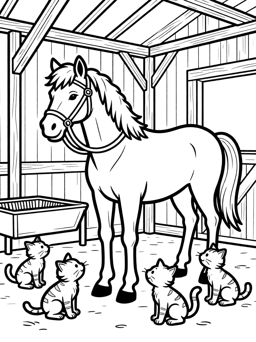 A horse in a barn with kittens