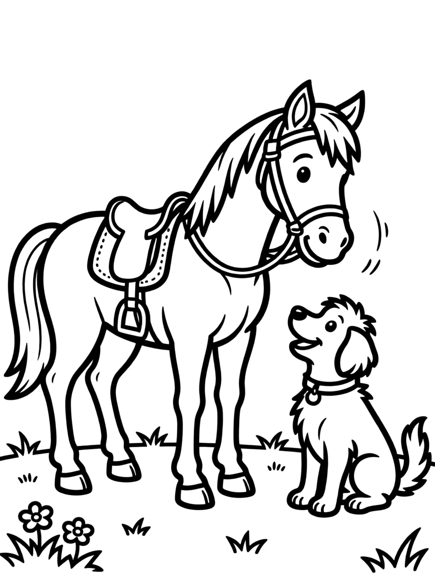 A horse making friends with a dog