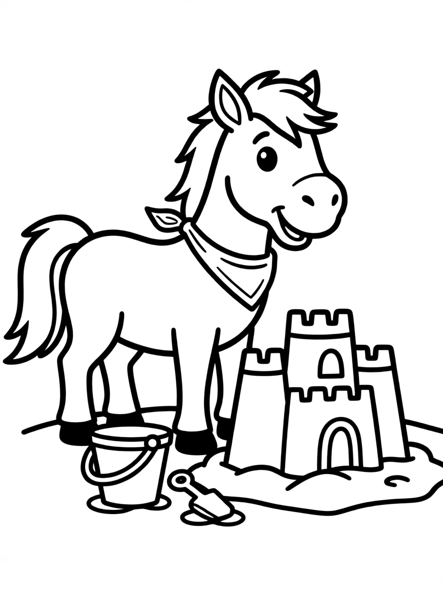 A horse building a sandcastle