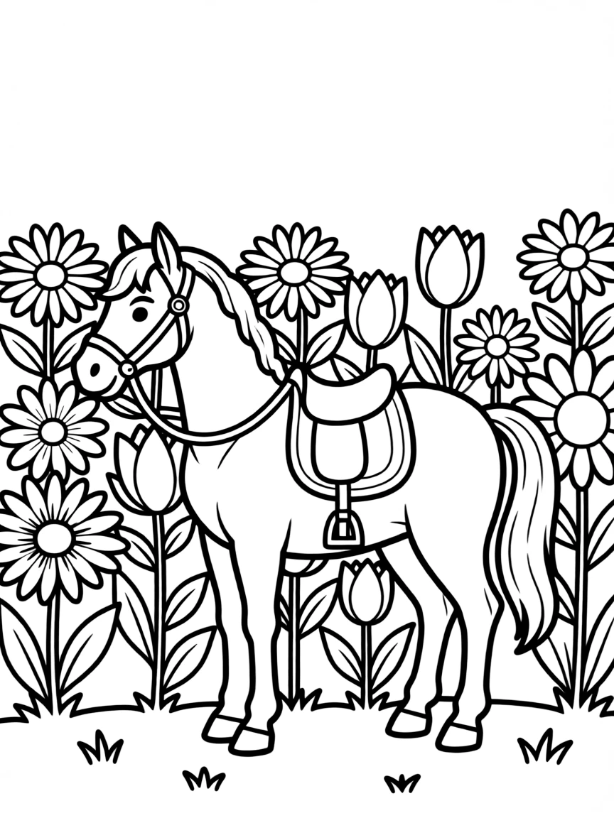 A horse in a flower garden