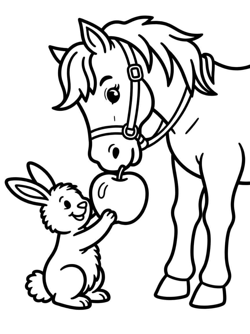 A horse sharing an apple with a rabbit