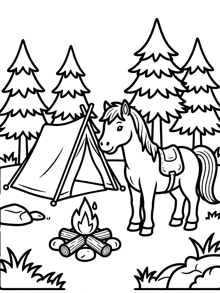 A horse camping with a tent