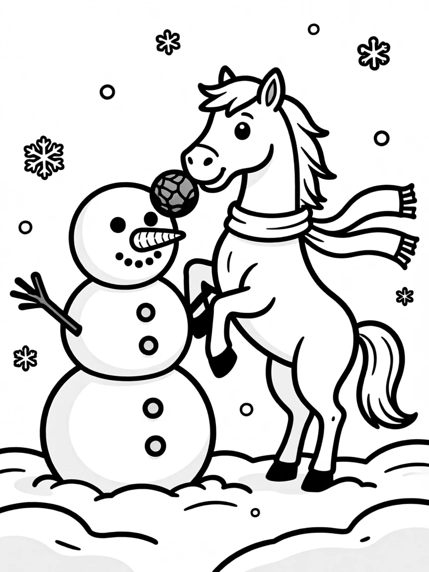 A horse building a snowman