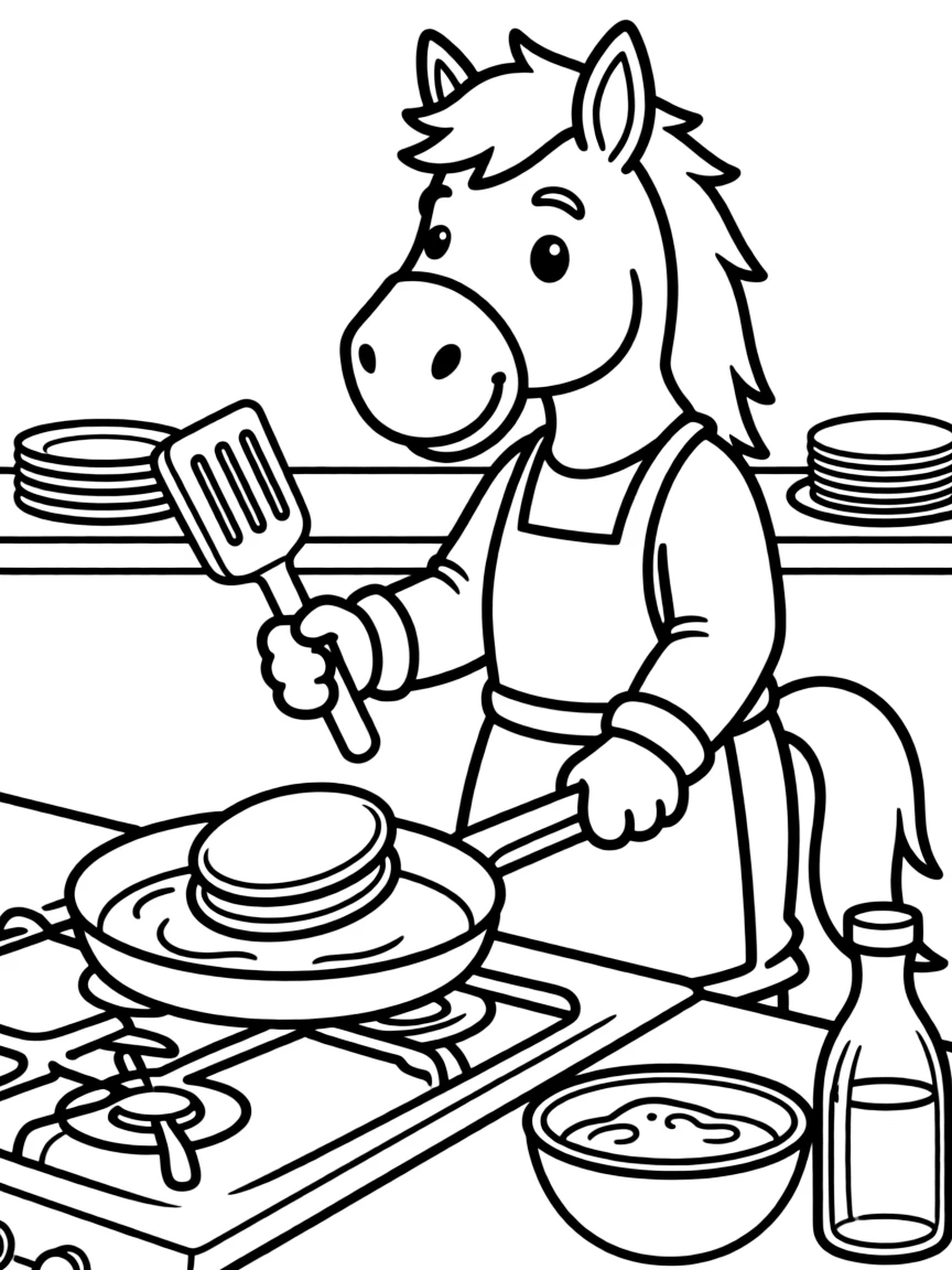 A horse making pancakes