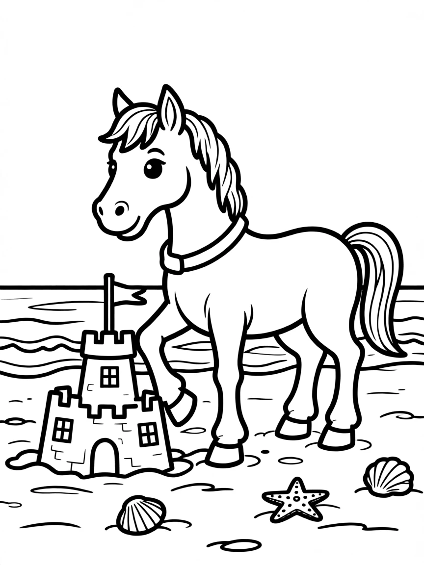 A horse making a sandcastle