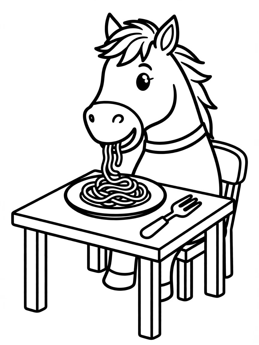 A horse eating spaghetti at a table