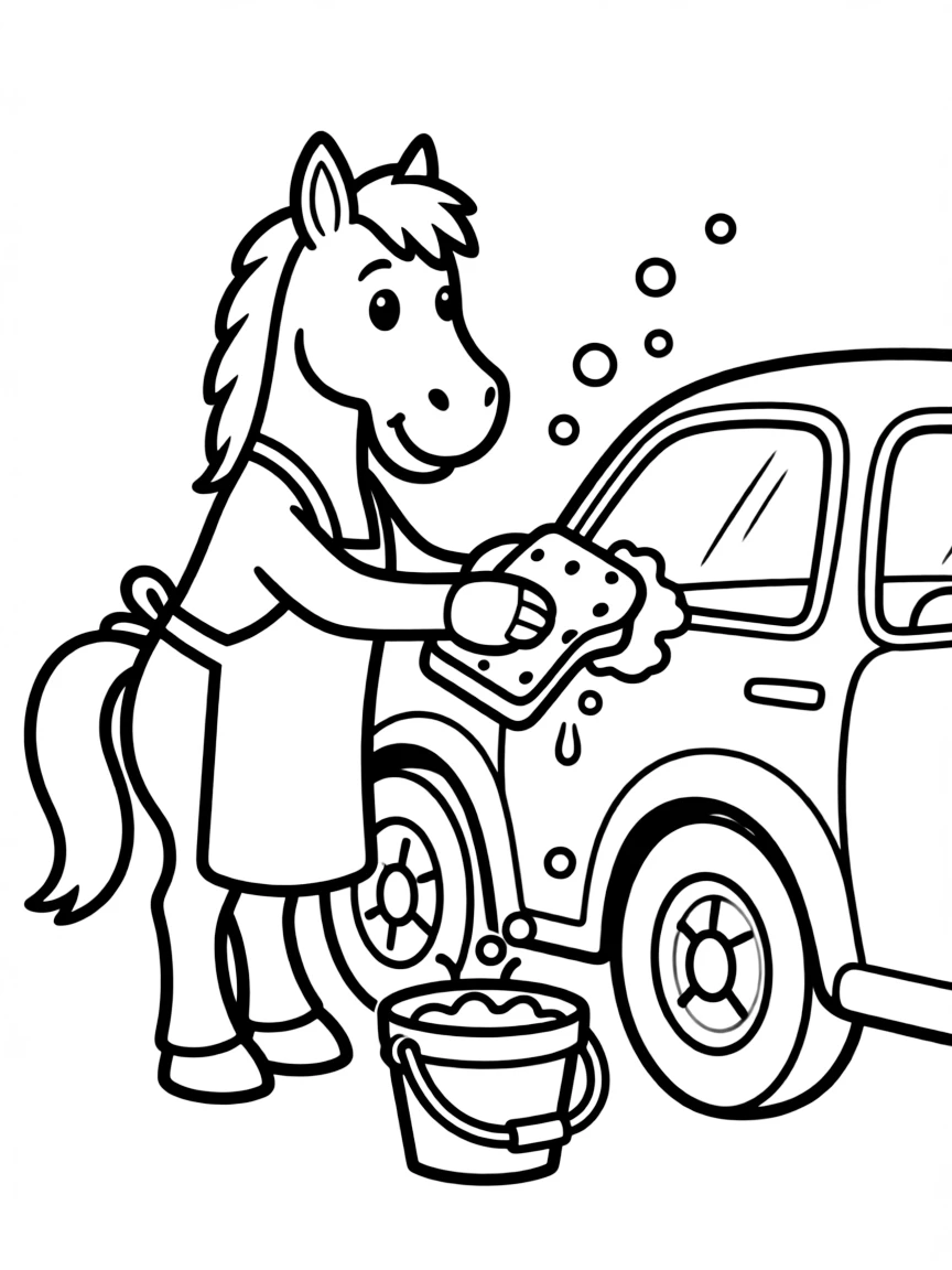 A horse washing a car