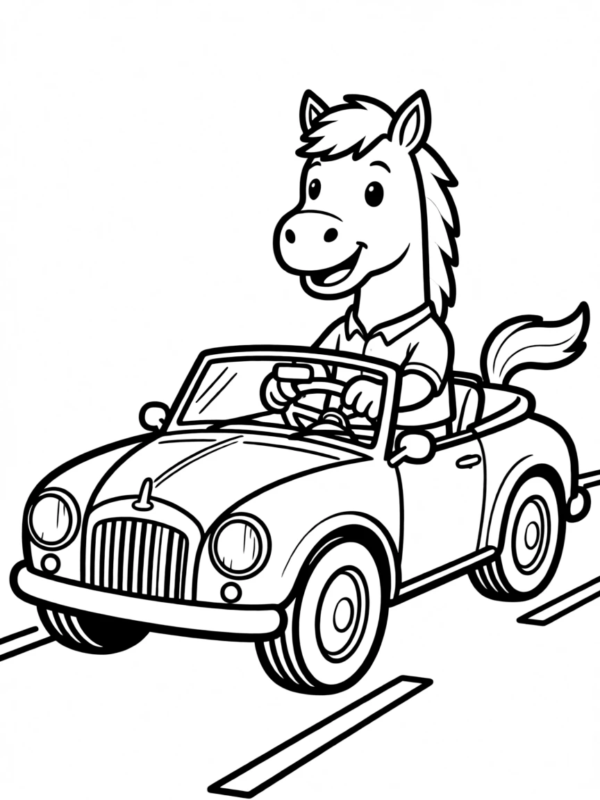 A horse driving a car