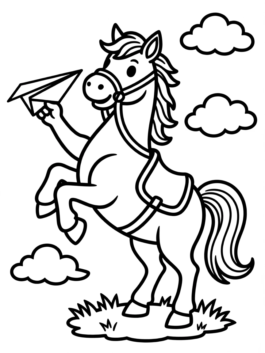 A horse making a paper airplane