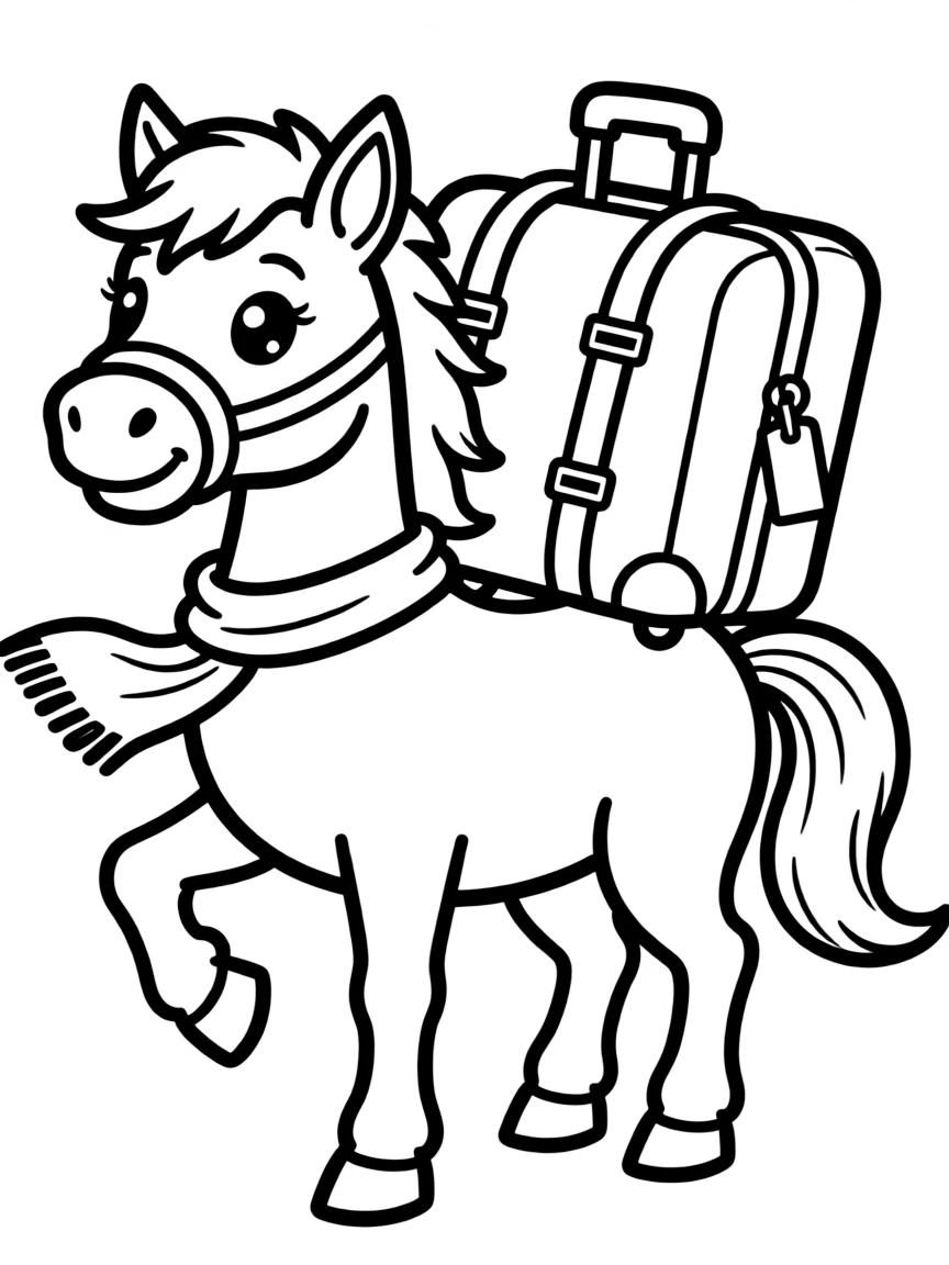 A horse with a suitcase traveling