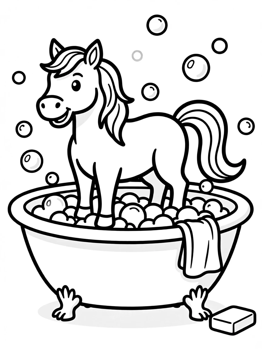A horse in a bathtub with bubbles